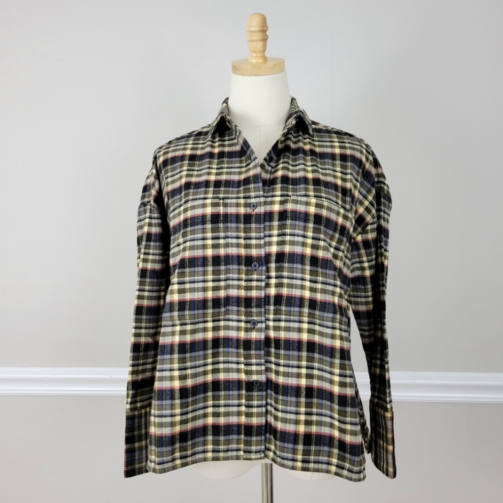 Everlane Women Plaid Button Down Shirt - Top Black and Green